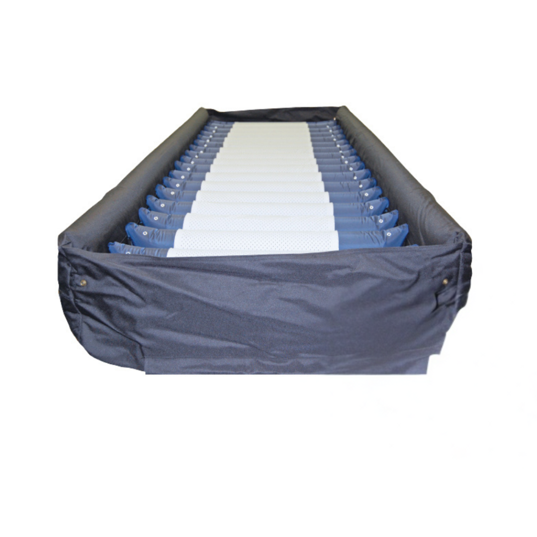 A rectangular fabric organizer with blue accordion file dividers and white labels, ideal for storing manuals on the Prius Rhythm Turn LAL Alternating Pressure Mattress System, shown from the front against a white background.